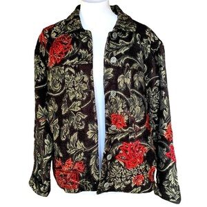 Chicos Enbroidered Beaded Accent Tapestry Artsy Floral Jacket Red Black Sz M